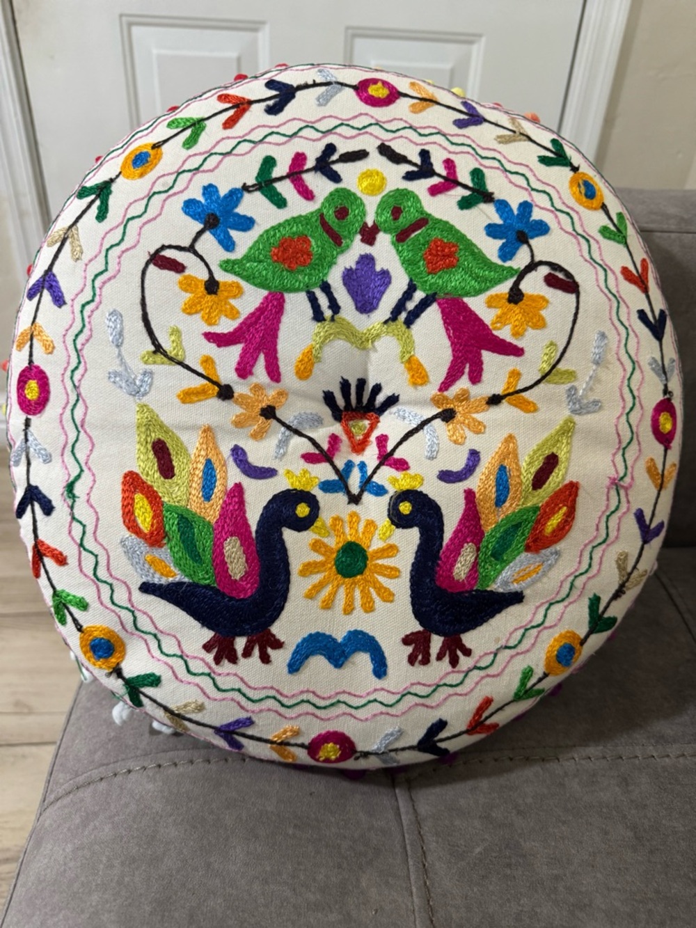Embroidered Round Decorative Pillow - Multicolor